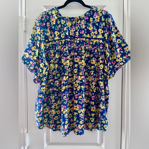 Intro. Navy Floral Blouse with Yellow and Pink Accents - Picture 5 of 7